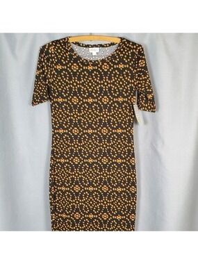 NWT Lularoe Julia, black dress with gokd/green/red pattern, size XXS